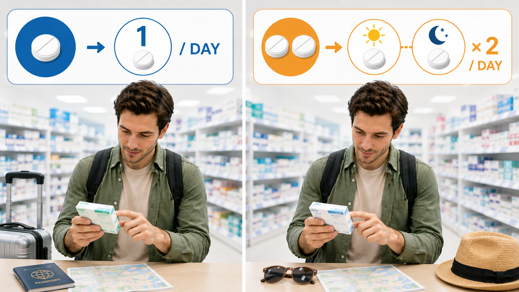 Traveler comparing once-daily and twice-daily allergy medicine dosing schedules in a Japanese drugstore.