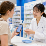 Traveler discreetly asking pharmacy staff about vaginal candidiasis medicine in a Japanese pharmacy.