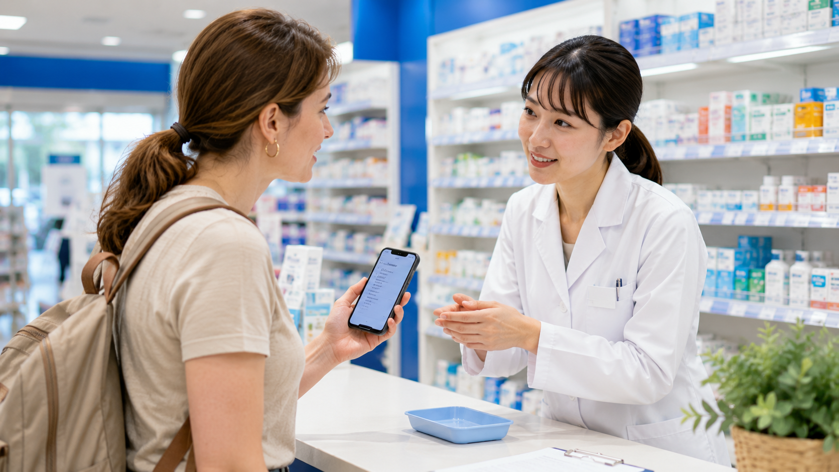 Traveler discreetly asking pharmacy staff about vaginal candidiasis medicine in a Japanese pharmacy.
