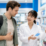 Traveler asking pharmacy staff about heartburn medicine in a Japanese drugstore.