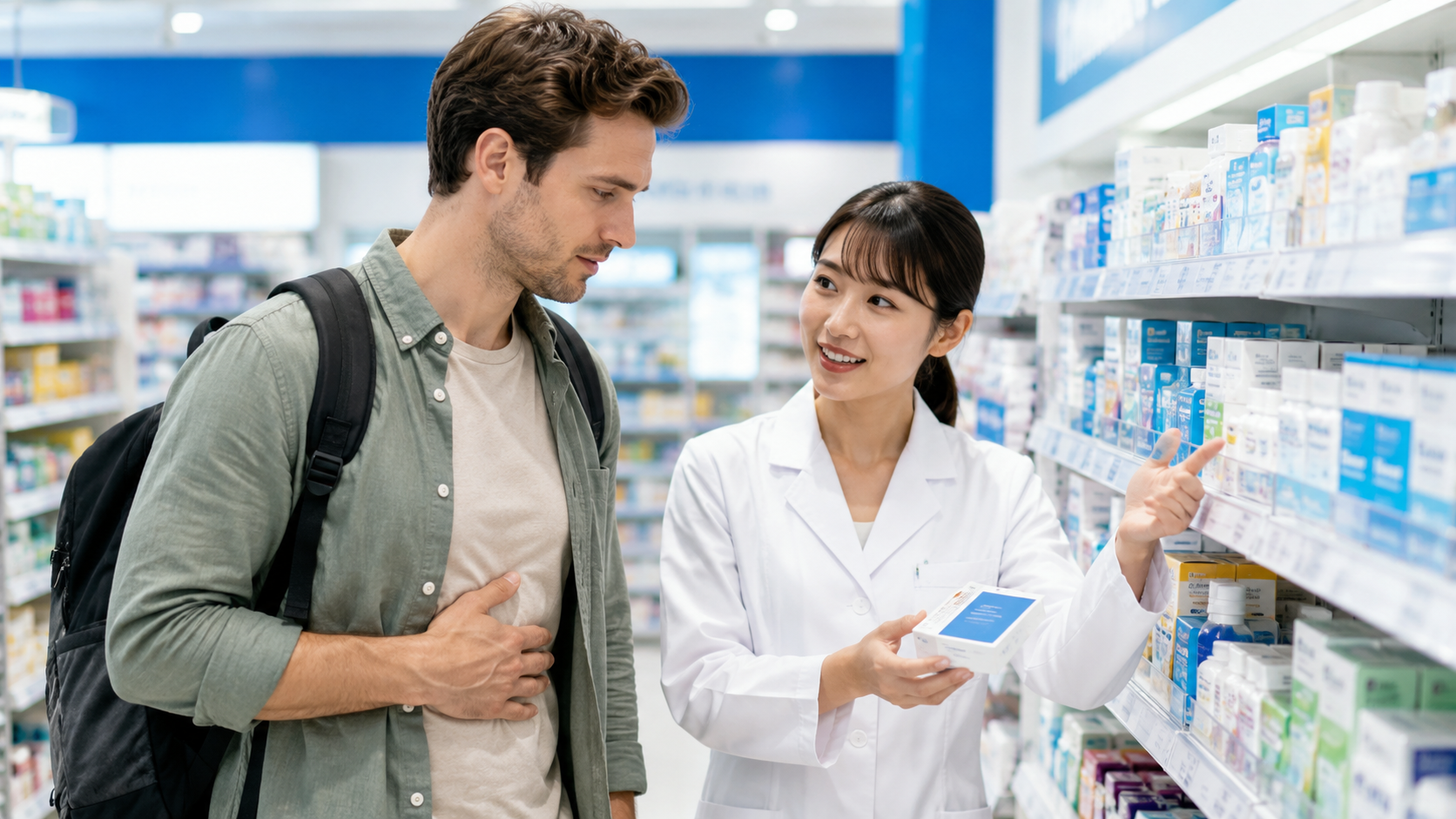 Traveler asking pharmacy staff about heartburn medicine in a Japanese drugstore.