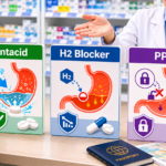 Comparison of antacid, H2 blocker, and PPI stomach medicine types at a Japanese drugstore pharmacy counter.