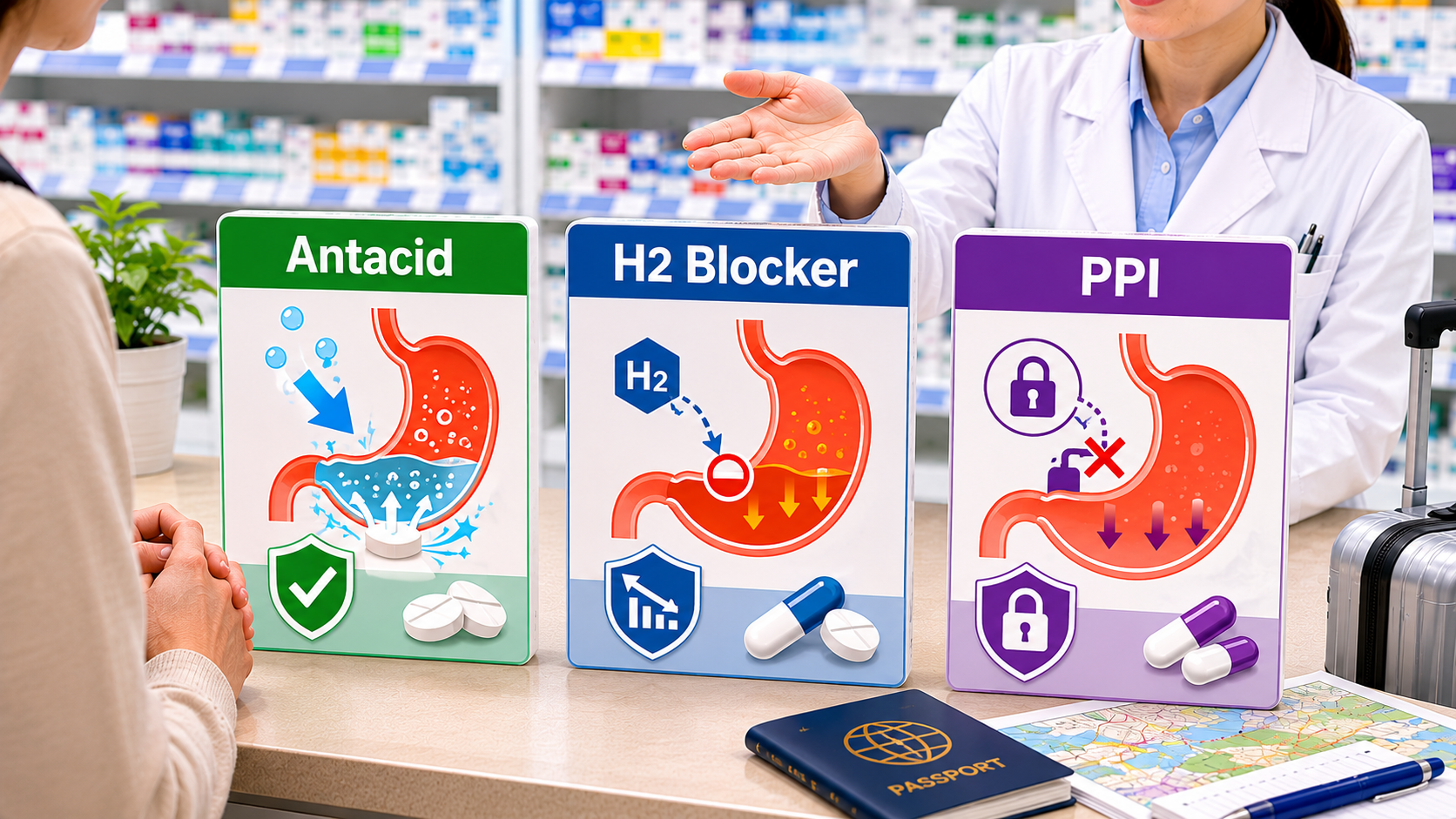 Comparison of antacid, H2 blocker, and PPI stomach medicine types at a Japanese drugstore pharmacy counter.