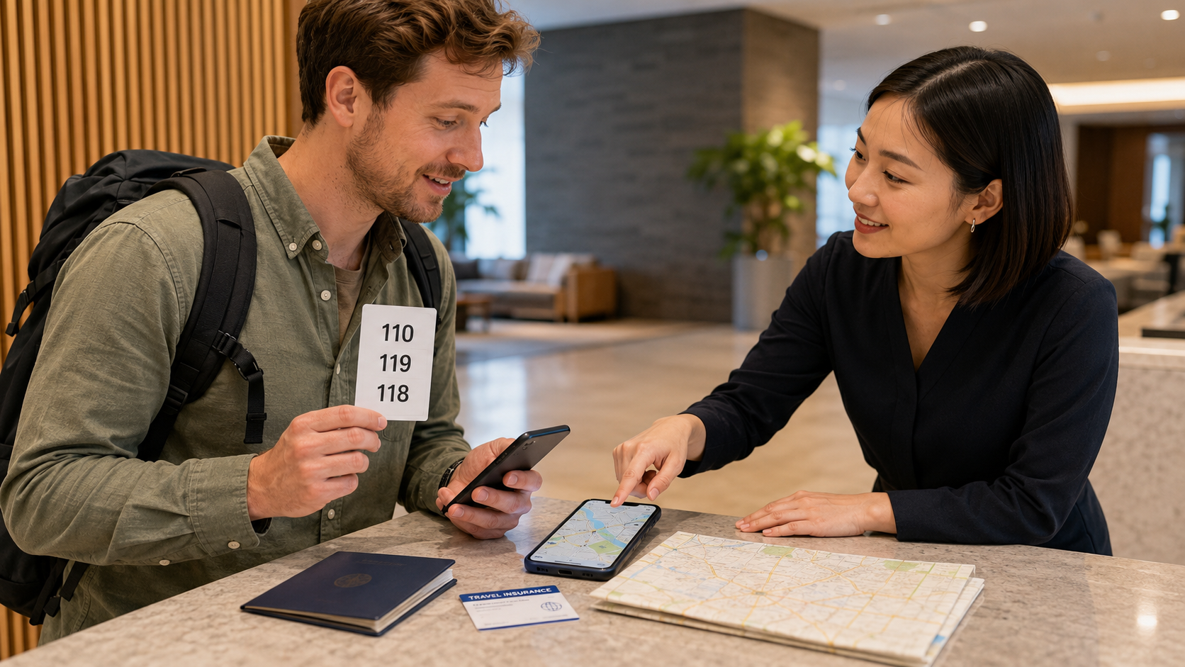 Foreign traveler in Japan checking emergency numbers 110, 119, and 118 with help from staff.