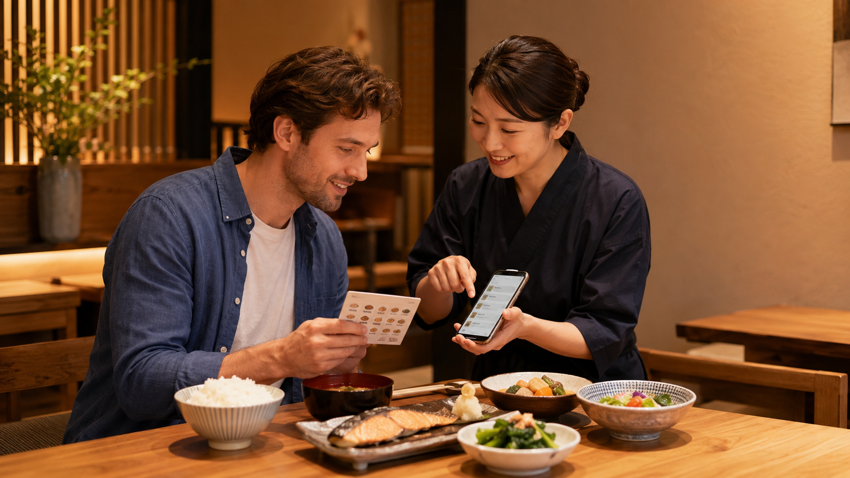 Foreign tourist in a Japanese restaurant showing an allergy card to staff before enjoying a meal.
