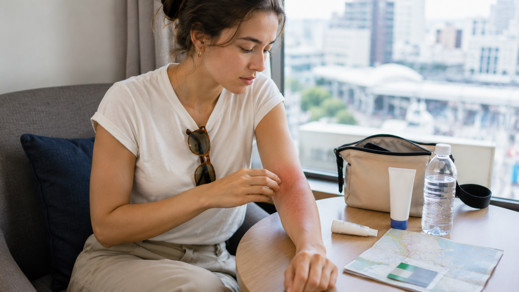 Foreign tourist in Japan checking a mild red itchy rash on the forearm with an unbranded cream tube nearby.
