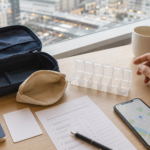 Empty pill organizer and medicine pouch on a hotel desk in Japan after a traveler lost or forgot prescription medicine.