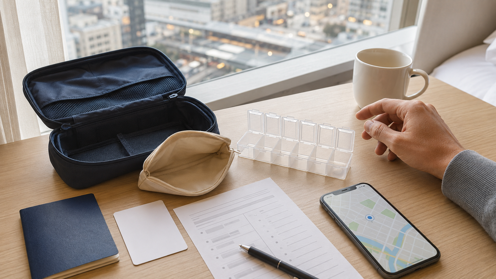 Empty pill organizer and medicine pouch on a hotel desk in Japan after a traveler lost or forgot prescription medicine.