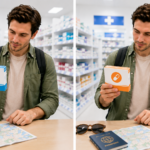 Traveler comparing loxoprofen and acetaminophen pain medicine options in a Japanese drugstore.