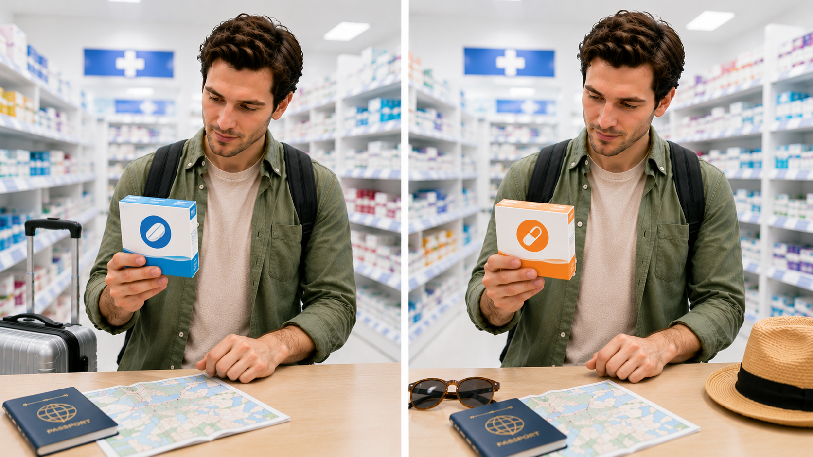 Traveler comparing loxoprofen and acetaminophen pain medicine options in a Japanese drugstore.