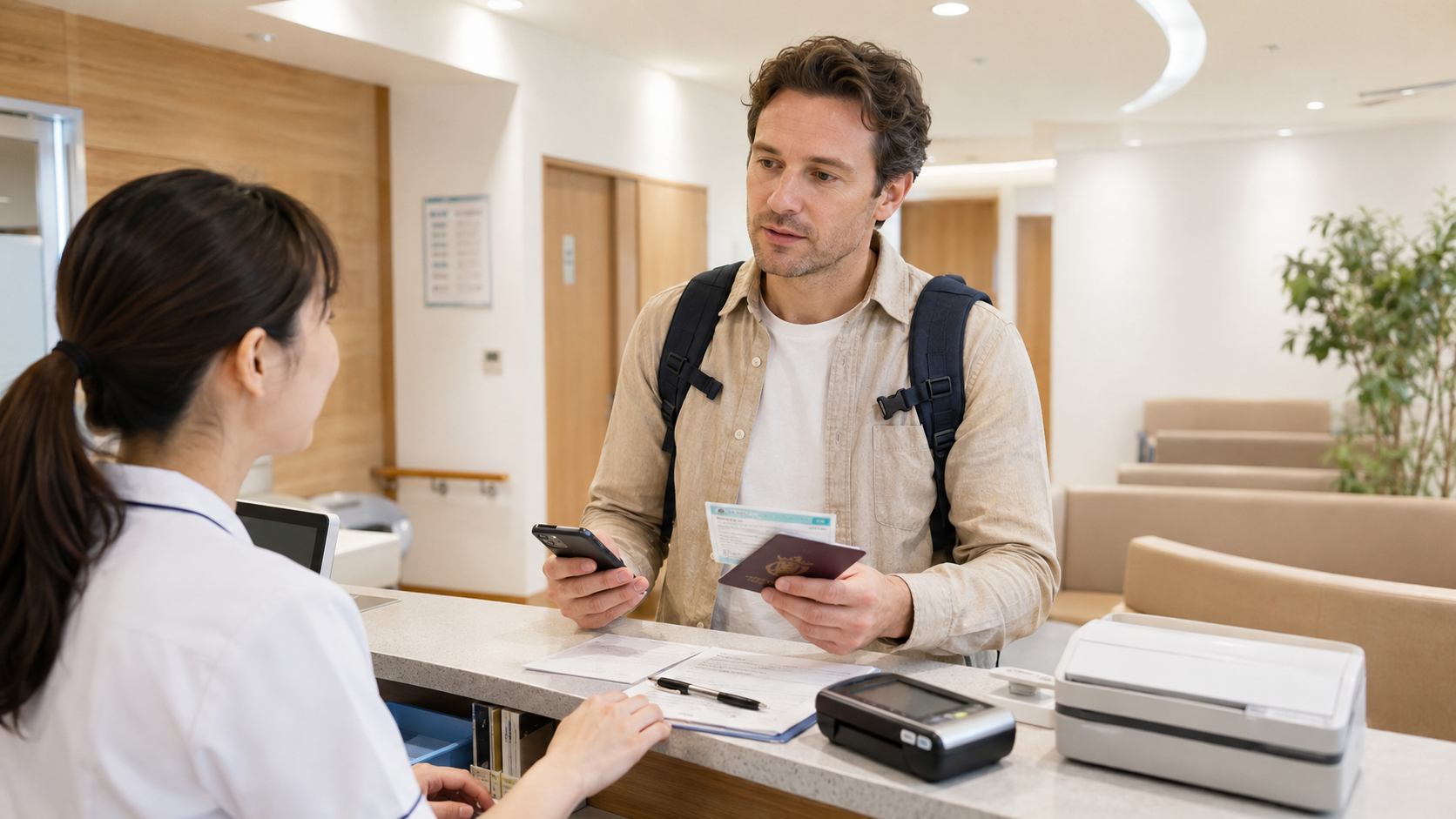 Foreign tourist at a clinic reception desk in Japan holding a passport and travel insurance documents.