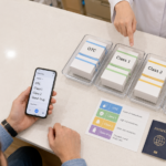 Foreign traveler at a Japanese drugstore counter checking OTC medicine classes with store staff.