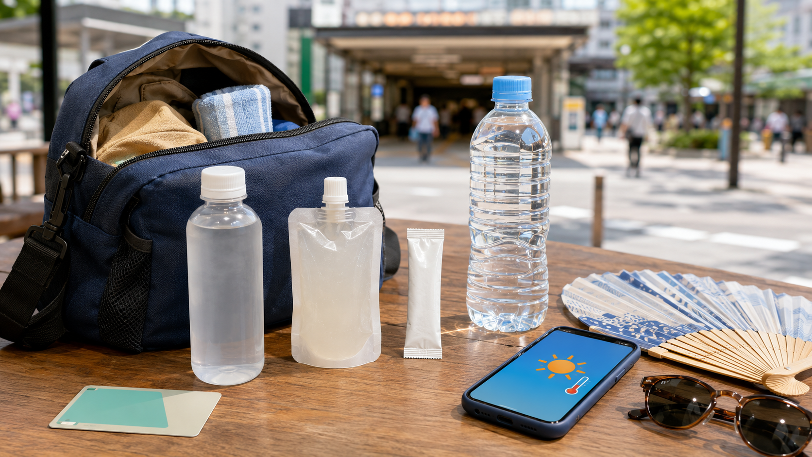Unbranded oral rehydration drink, jelly pouch, and powder sachet in a travel day bag on a summer day in Japan.