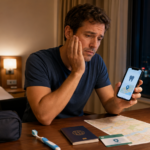 Foreign traveler in a Japan hotel searching for a dental clinic while holding one cheek.