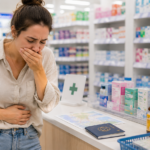 Traveler comparing unbranded motion sickness medicine boxes at a Japanese drugstore pharmacy counter.