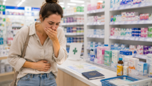 Traveler comparing unbranded motion sickness medicine boxes at a Japanese drugstore pharmacy counter.