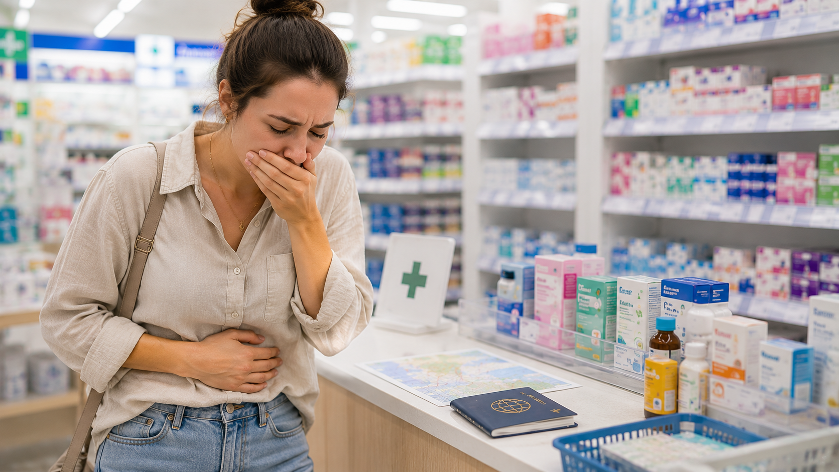 Traveler comparing unbranded motion sickness medicine boxes at a Japanese drugstore pharmacy counter.