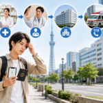 Traveler comparing drugstore, pharmacy, clinic, hospital, and 119 emergency options in Japan.