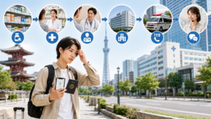 Traveler comparing drugstore, pharmacy, clinic, hospital, and 119 emergency options in Japan.