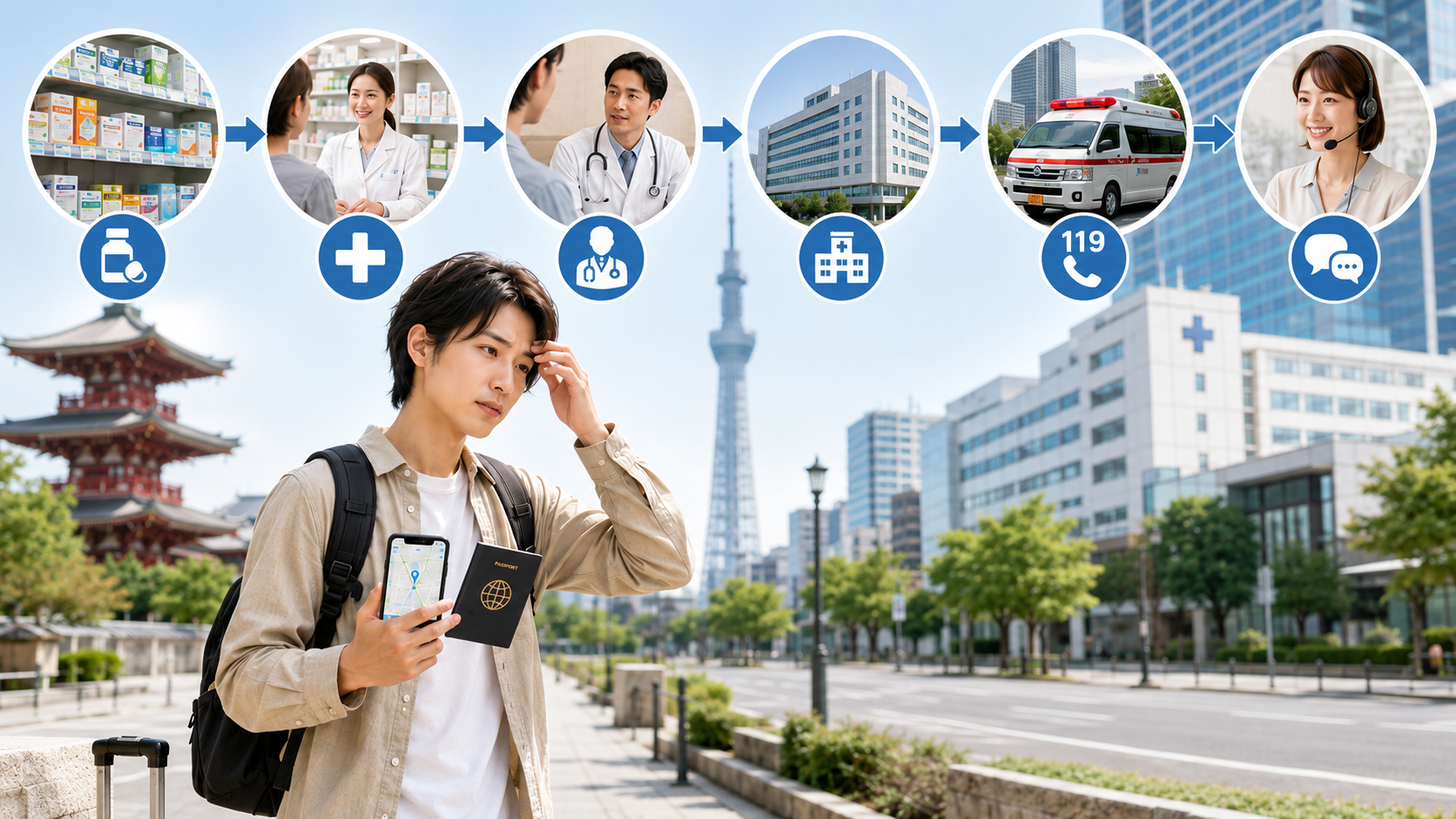 Traveler comparing drugstore, pharmacy, clinic, hospital, and 119 emergency options in Japan.