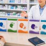 Traveler comparing unbranded oral ibuprofen pain medicine boxes at a Japanese drugstore pharmacy counter.