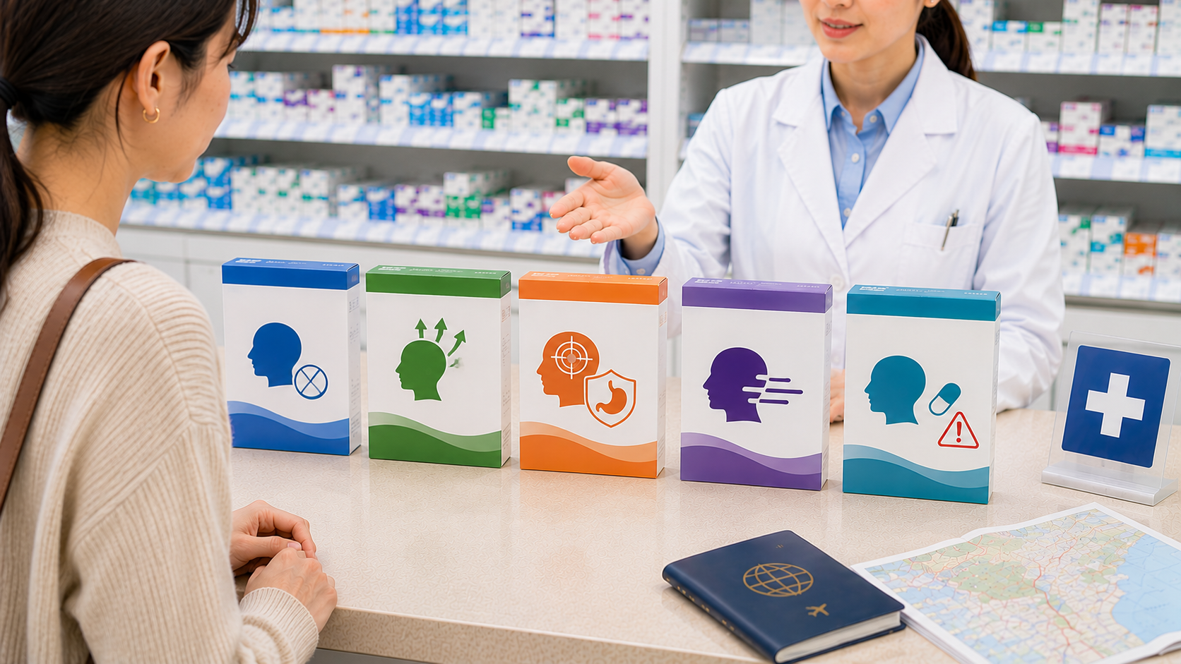 Traveler comparing unbranded oral ibuprofen pain medicine boxes at a Japanese drugstore pharmacy counter.