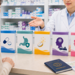 Traveler comparing oral Loxonin S pain medicine boxes at a Japanese drugstore pharmacy counter.
