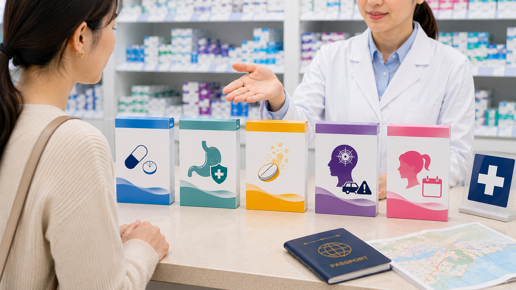 Traveler comparing oral Loxonin S pain medicine boxes at a Japanese drugstore pharmacy counter.