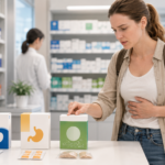 Traveler comparing unbranded Japanese stomach medicine products at a drugstore pharmacy counter.