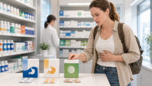 Traveler comparing unbranded Japanese stomach medicine products at a drugstore pharmacy counter.