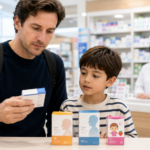 Traveler comparing unbranded Japanese cold medicine boxes at a drugstore pharmacy counter.