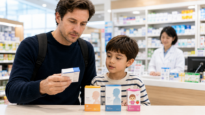 Traveler comparing unbranded Japanese cold medicine boxes at a drugstore pharmacy counter.